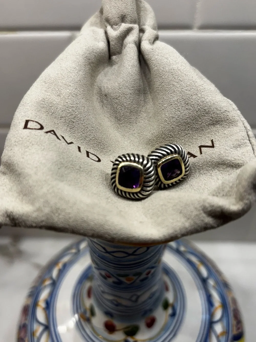 David Yurman Silver Cable Earrings with Deep Purple Amethyst Stones